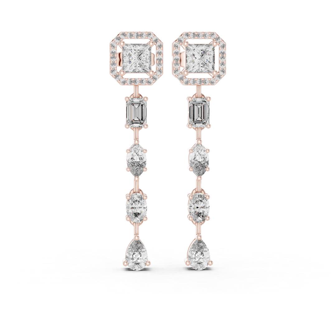Princess Halo Mixed Shape Moissanite Line Drop Earrings in rose 925 sterling silver, view 1