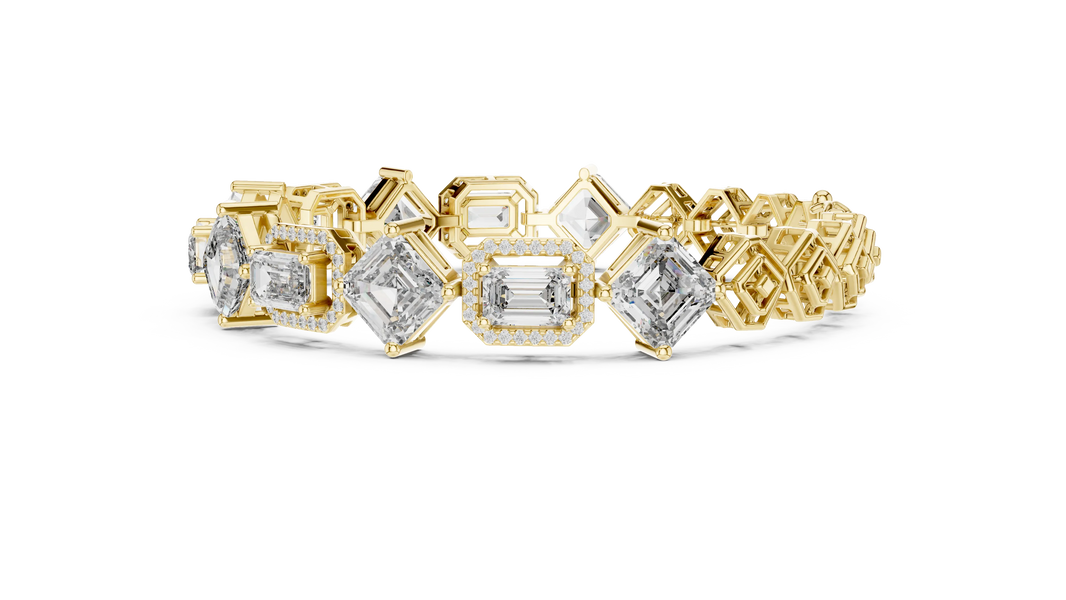 Asscher and Emerald Halo Station Moissanite Bracelet in yellow 925 sterling silver, view 4