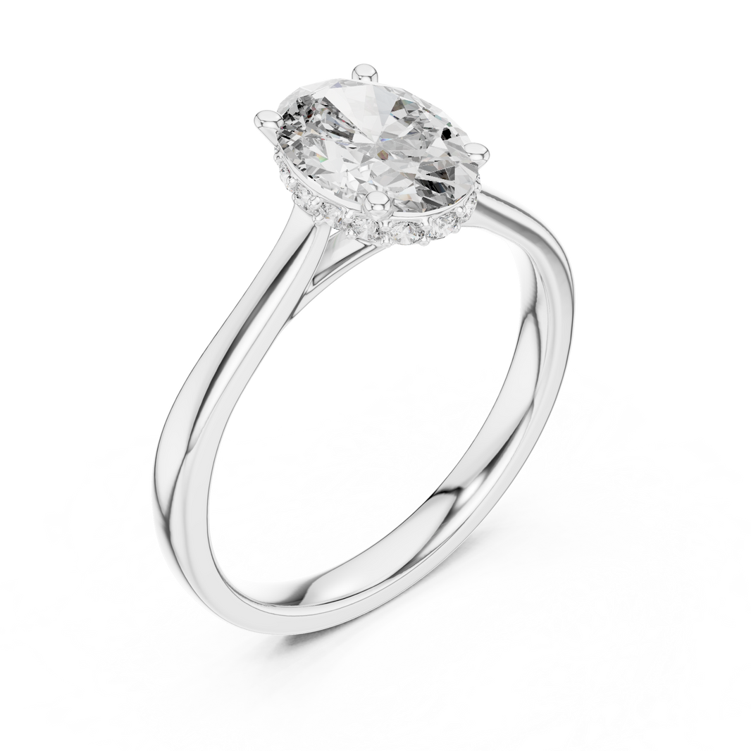 Oval Hidden Halo Moissanite Cathedral Solitaire Ring in white 925 sterling silver, view 2