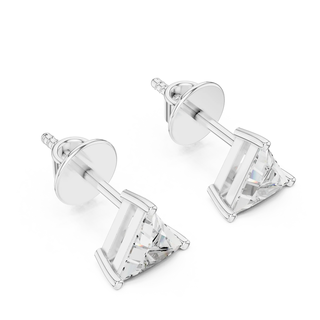 Trillion moissanite stud earrings in white 925 sterling silver, view 2