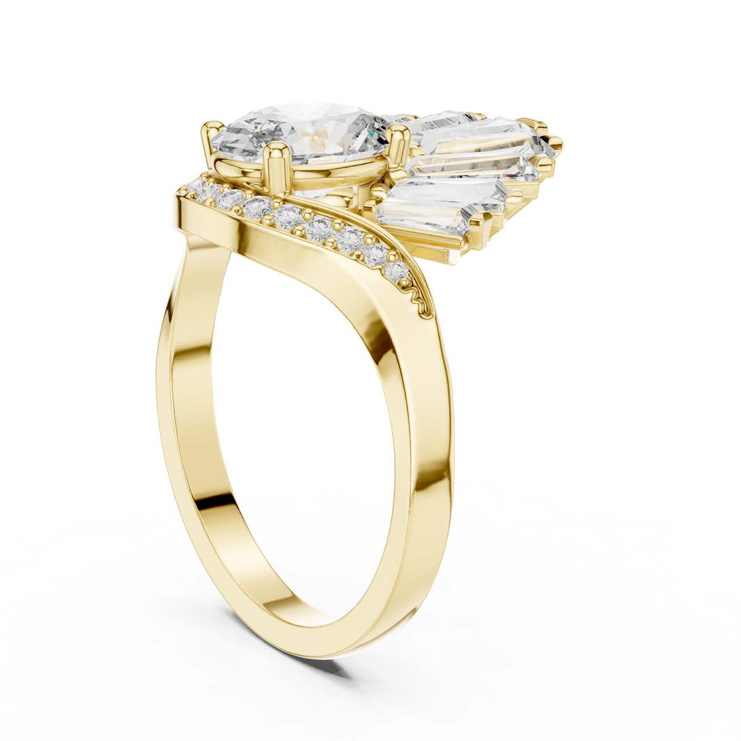 Oval Moissanite Ring with Baguette Fan Crown in yellow 925 sterling silver, view 1