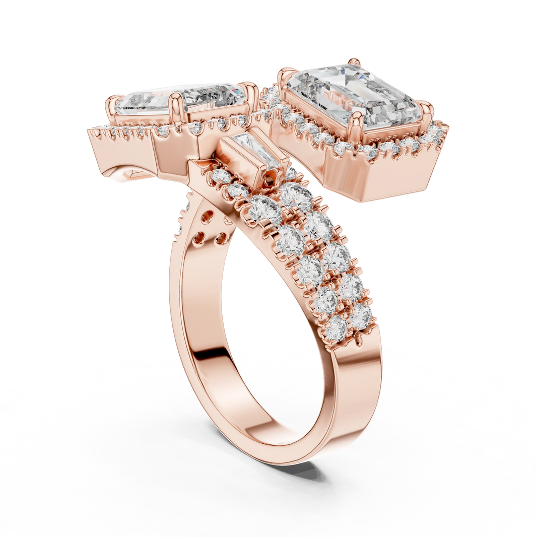 Emerald Cut Halo Toi et Moi Moissanite Bypass Ring in rose 925 sterling silver, view 1