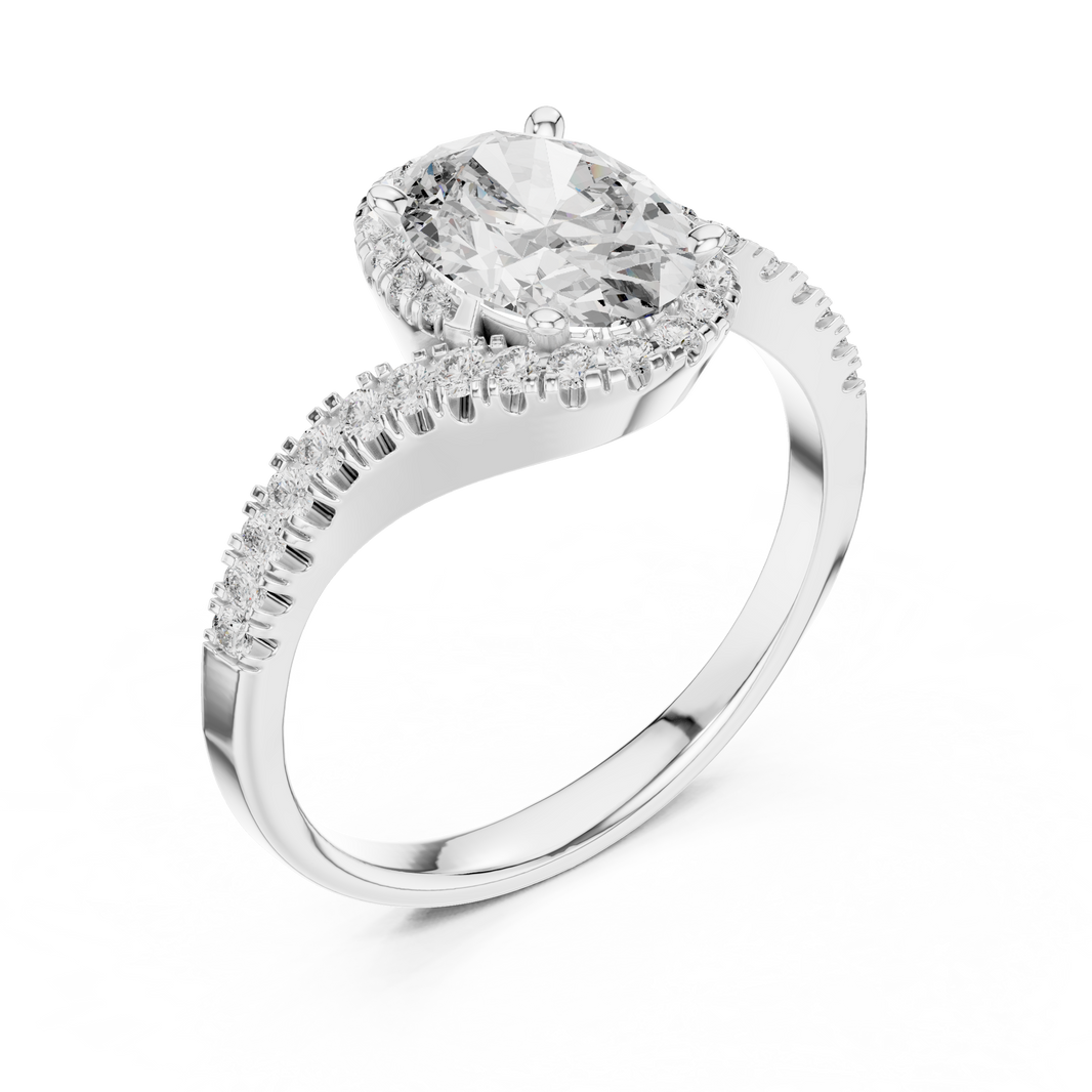 Oval Halo Moissanite Swirl Bypass Ring in white 925 sterling silver, view 2