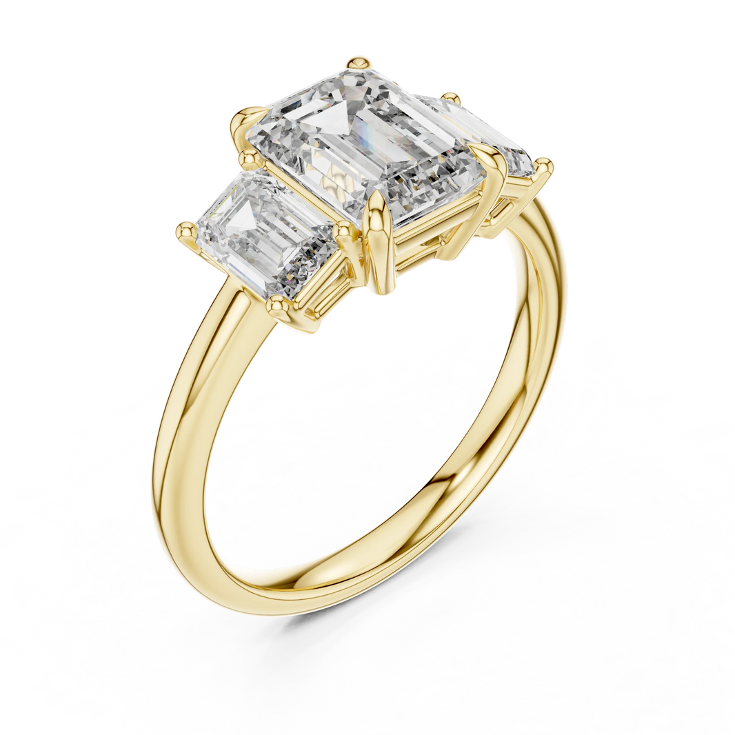 Emerald Cut Three Stone Moissanite Ring in yellow 925 sterling silver, view 2
