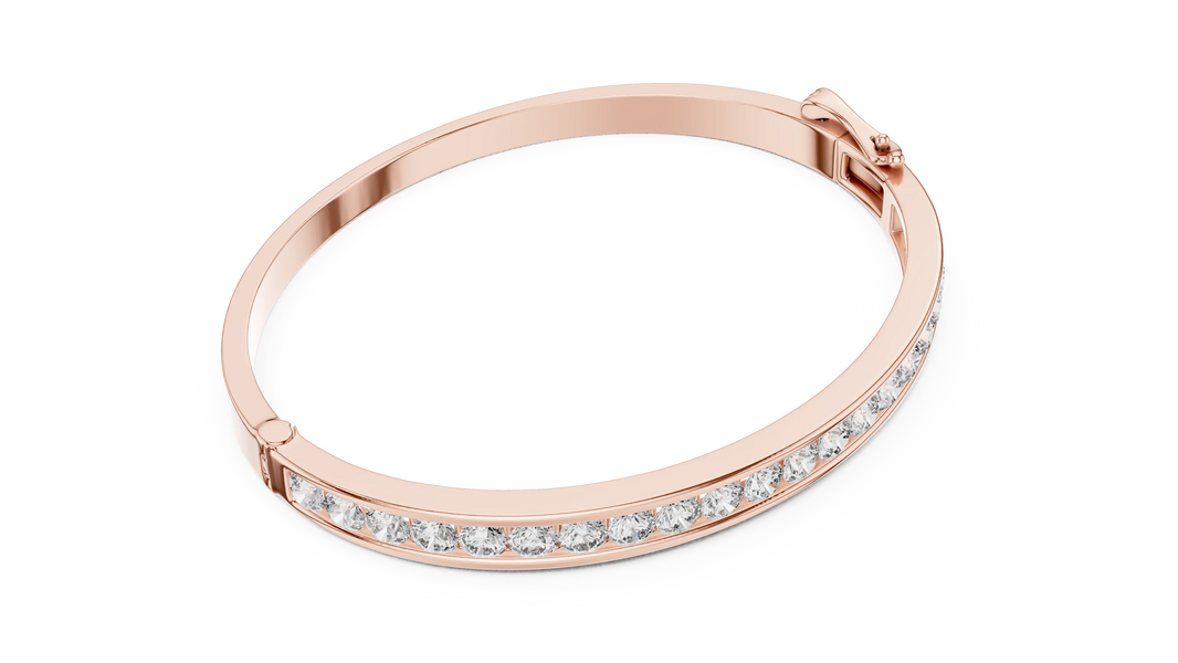 Channel Set Round Moissanite Hinged Bangle in rose 925 sterling silver, view 3
