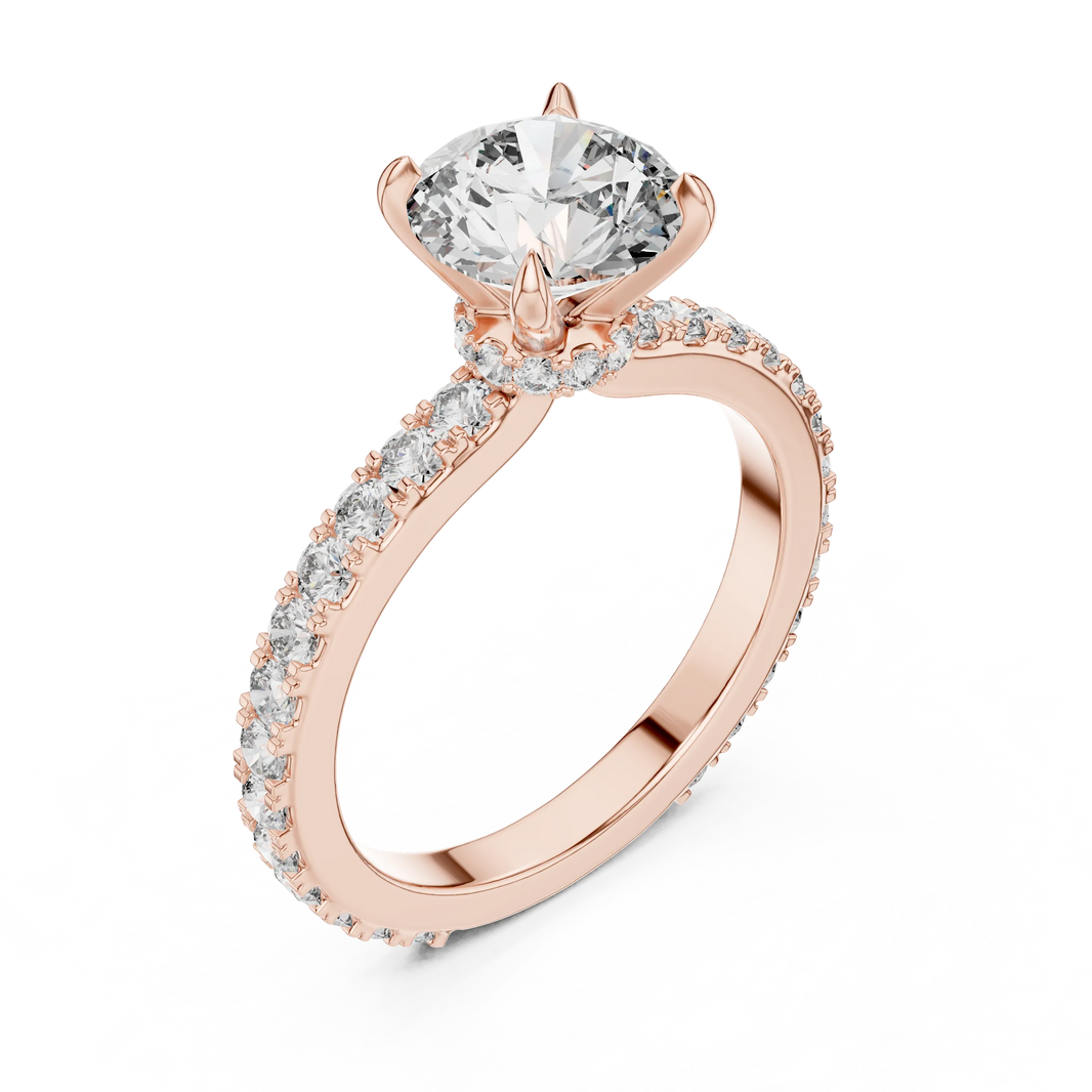 Round Solitaire Moissanite Ring with Hidden Halo and Pavé Band in rose 925 sterling silver, view 2