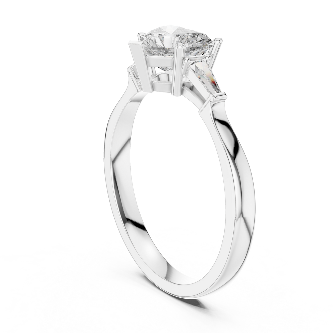 Heart Moissanite Ring with Tapered Baguette Sides in white 925 sterling silver, view 1
