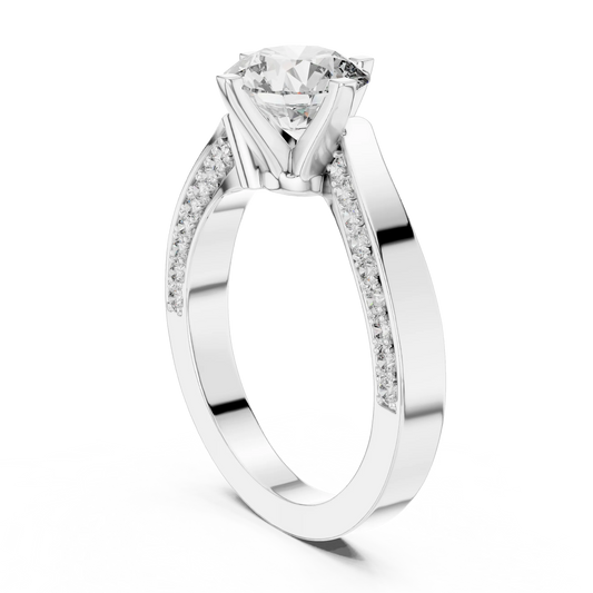 Round Solitaire Moissanite Ring with Pavé Cathedral Shank in white 925 sterling silver, view 1
