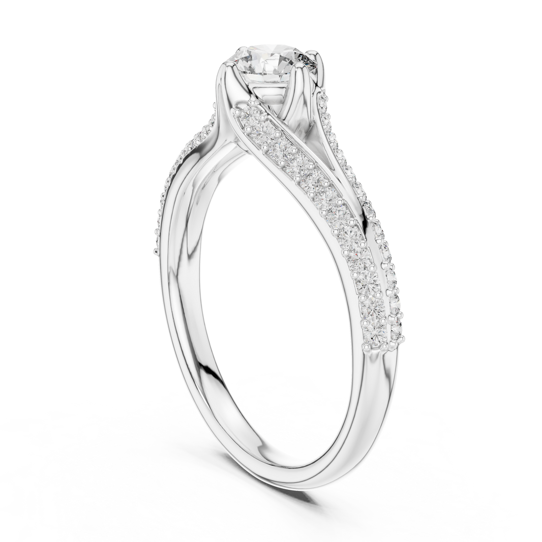 Round Compass Set Moissanite Bypass Ring with Pavé Split Shank in white 925 sterling silver, view 1