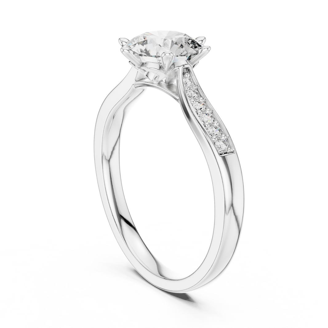 Round Six Prong Moissanite Ring with Pavé Shoulders in white 925 sterling silver, view 1
