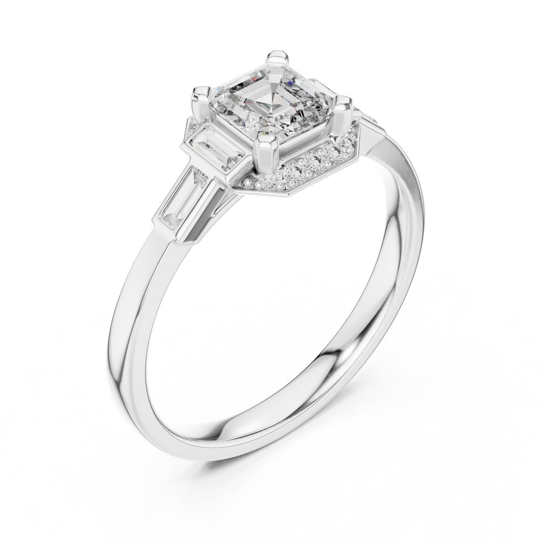 Asscher Cut Octagon Halo Moissanite Ring with Baguette Shoulders in white 925 sterling silver, view 2