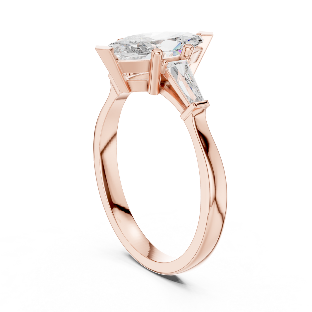 Marquise Moissanite Ring with Tapered Baguette Sides in rose 925 sterling silver, view 1