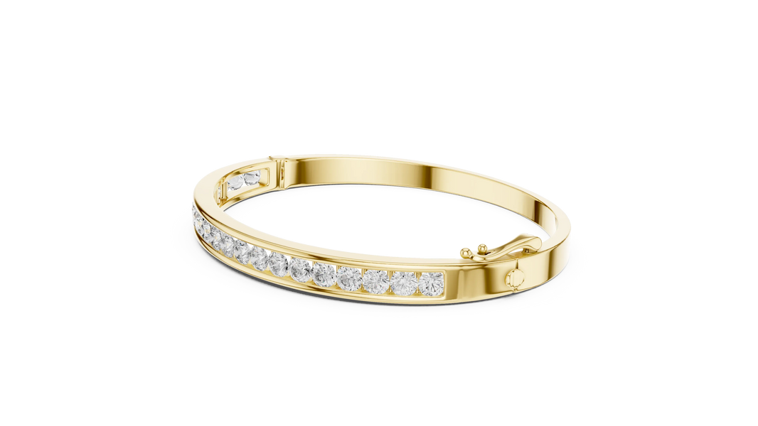 Channel Set Round Moissanite Hinged Bangle in yellow 925 sterling silver, view 2