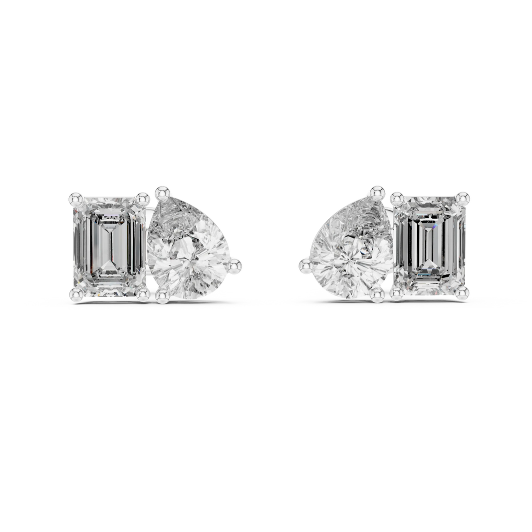 Pear and emerald moissanite toi et moi stud earrings in white 925 sterling silver, view 4