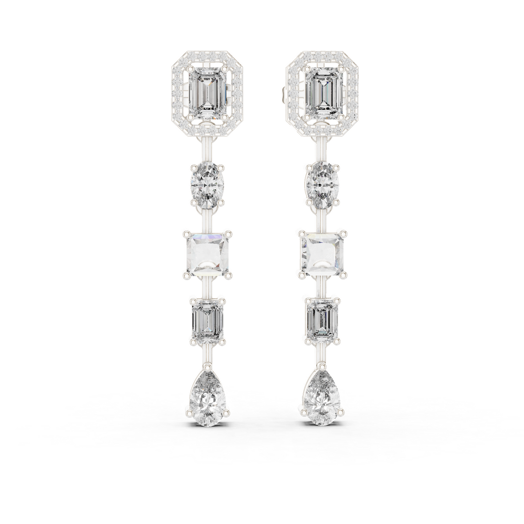 Emerald Halo Mixed Shape Moissanite Line Drop Earrings in white 925 sterling silver, view 1