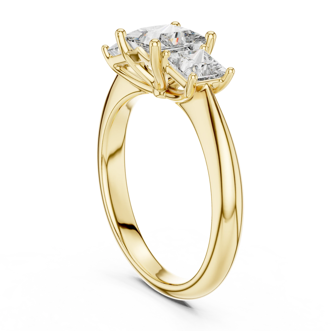 Princess Cut Three Stone Moissanite Ring in yellow 925 sterling silver, view 1