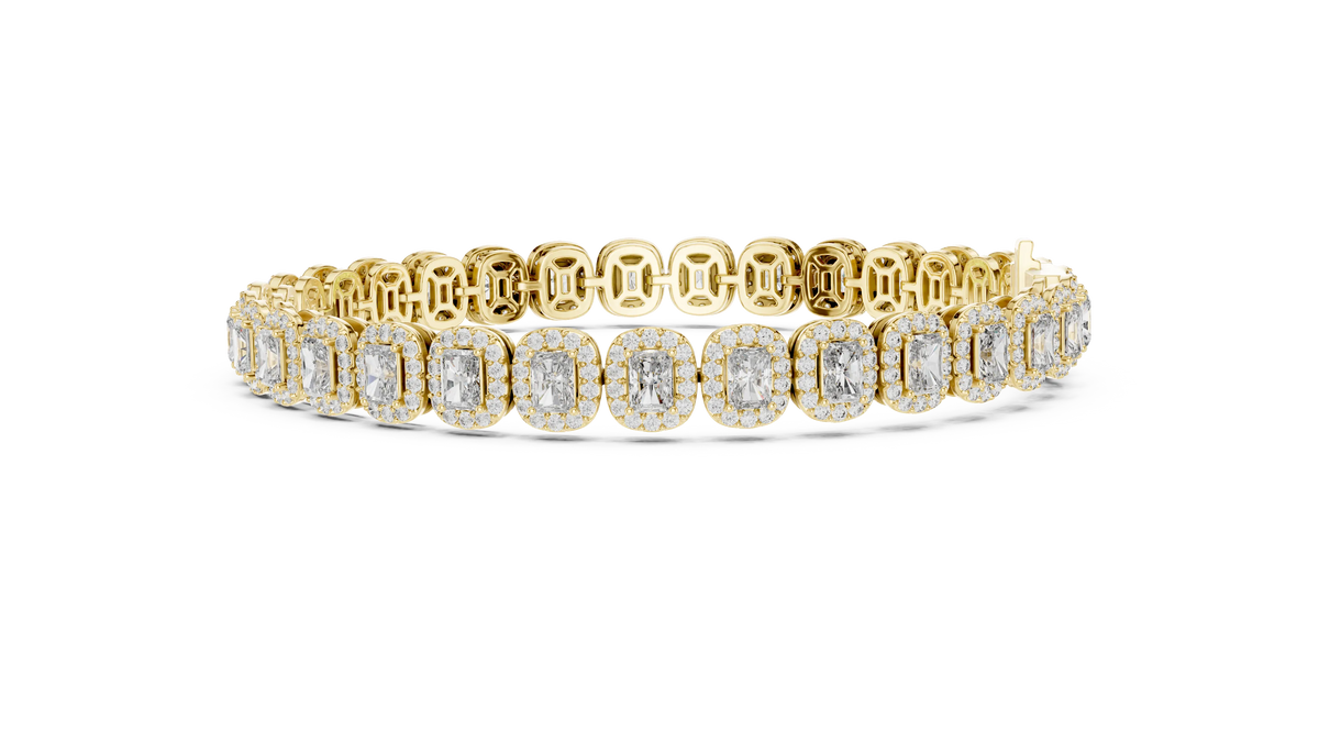 Radiant Cut Halo Moissanite Tennis Bracelet in yellow 925 sterling silver, view 4