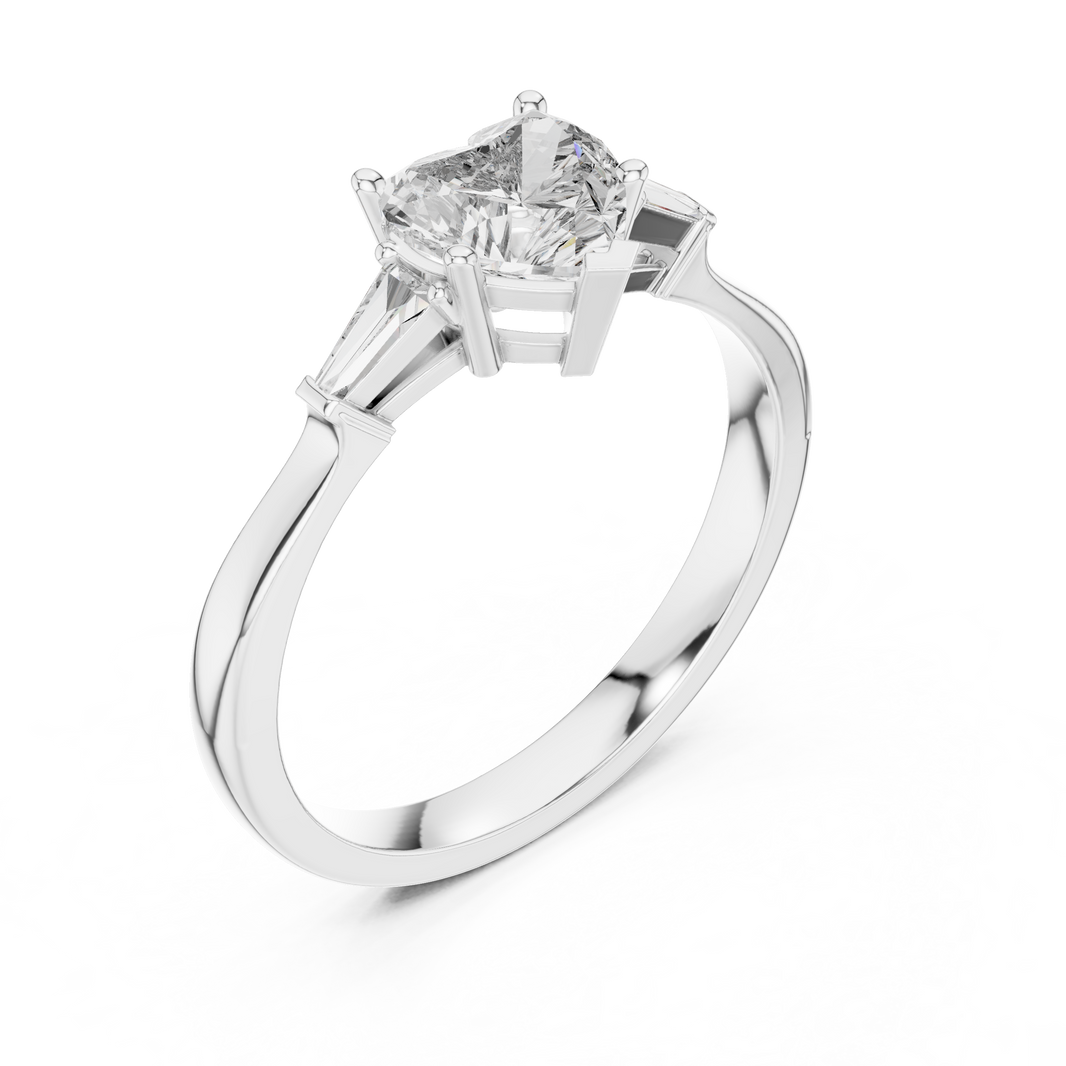 Heart Moissanite Ring with Tapered Baguette Sides in white 925 sterling silver, view 2