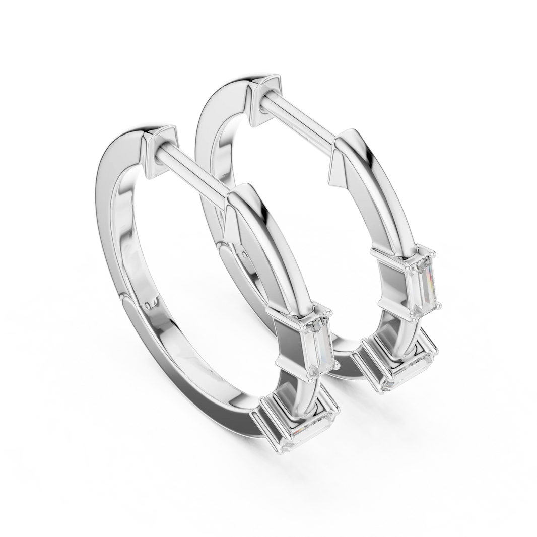 Baguette moissanite hoop earrings in white 925 sterling silver, view 2
