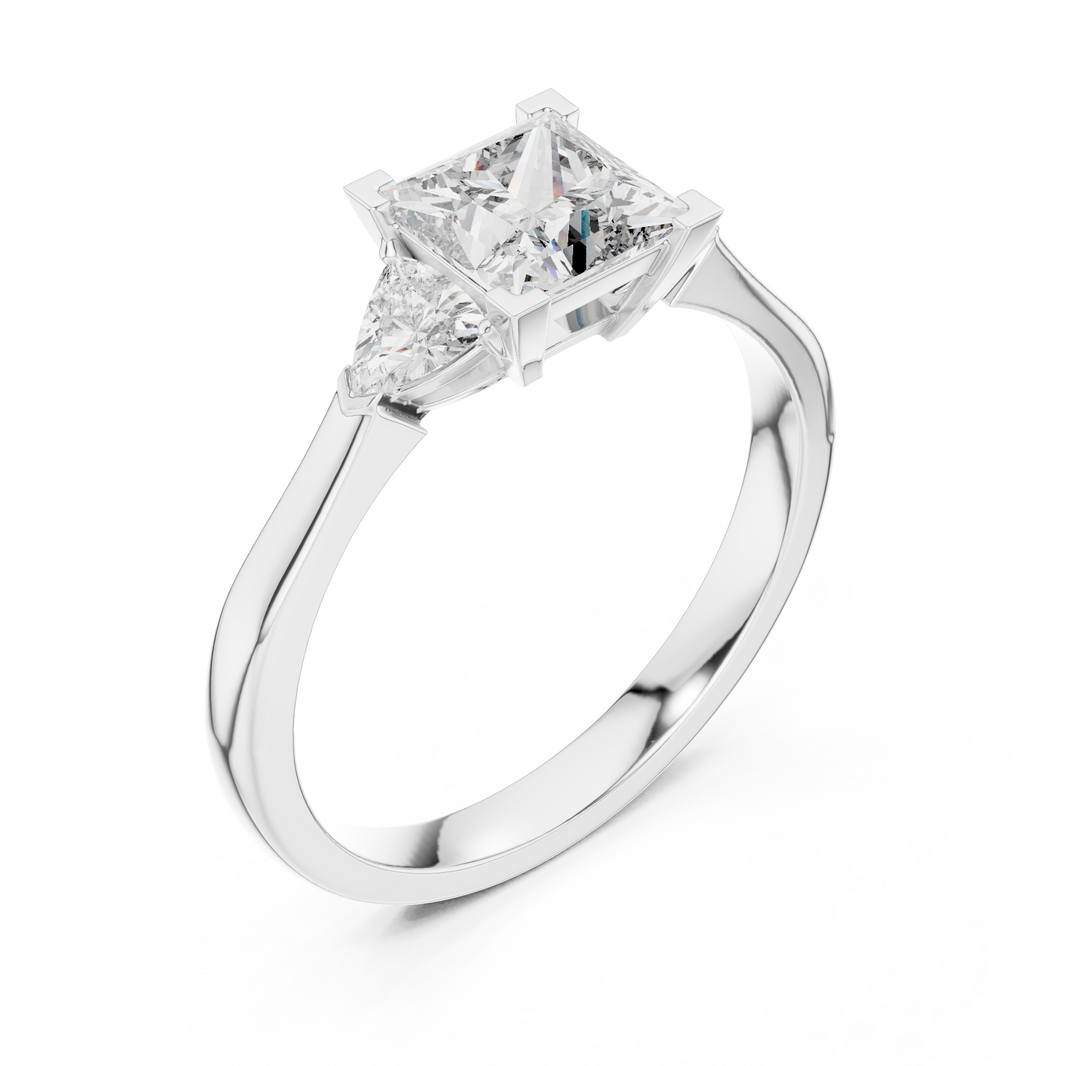 Princess Cut and Trillion Three Stone Moissanite Ring in white 925 sterling silver, view 2