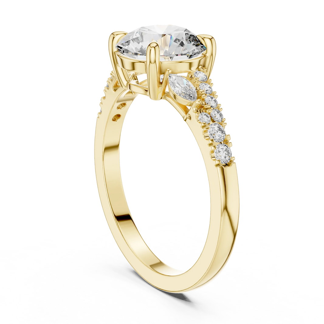 Round Moissanite Engagement Ring with Marquise Accents in yellow 925 sterling silver, view 1