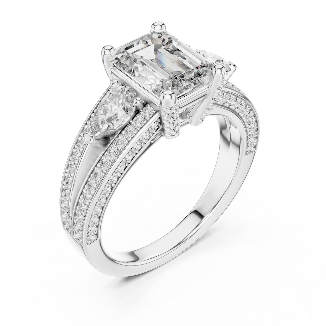 Emerald Cut Moissanite Ring with Pear Sides and Split Pavé Shank in white 925 sterling silver, view 2