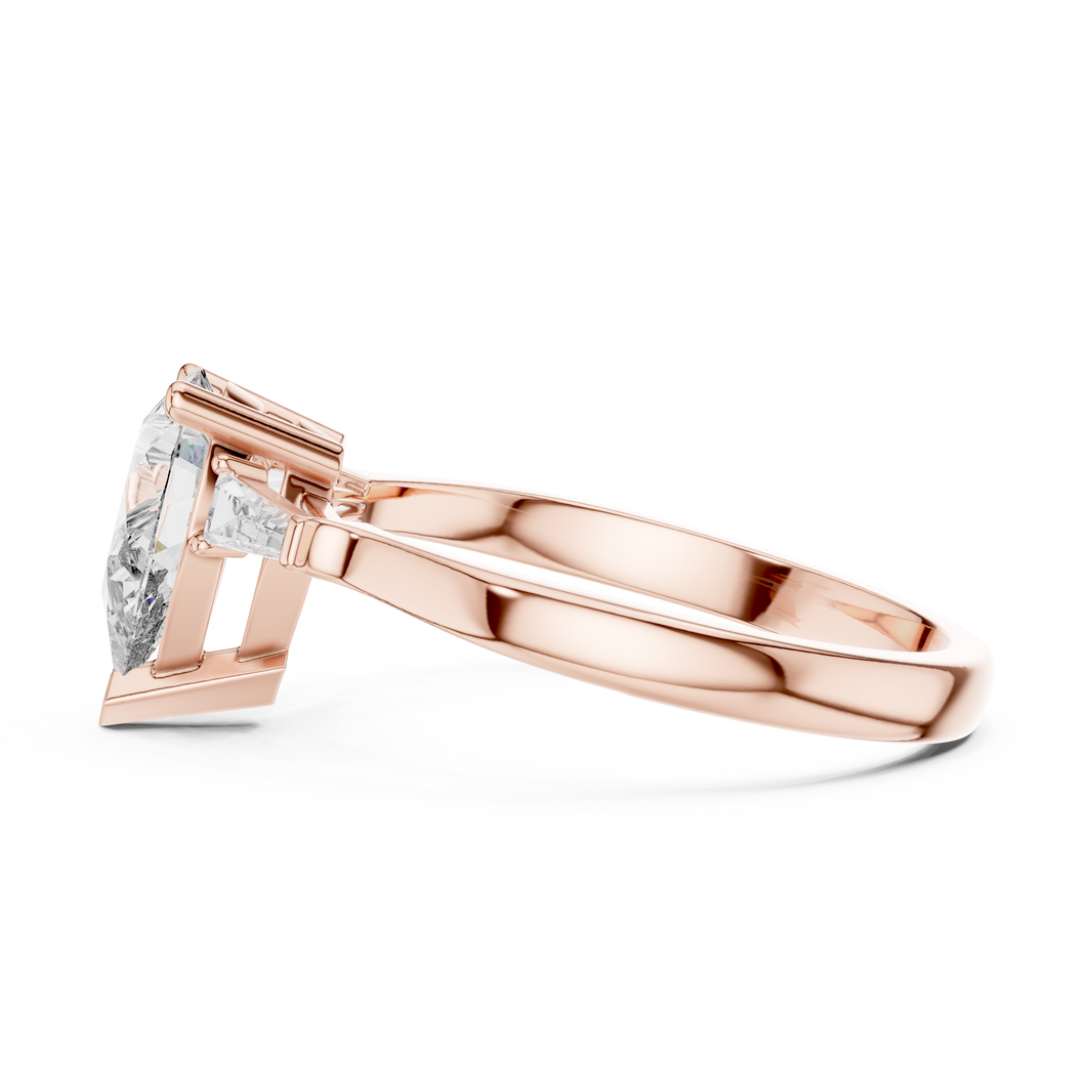 Pear Moissanite Ring with Tapered Baguette Sides in rose 925 sterling silver, view 3