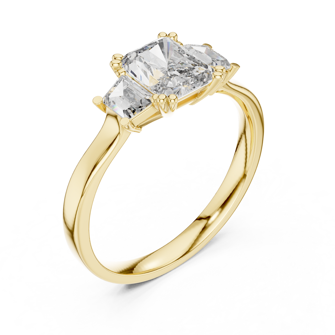Radiant Cut Moissanite Ring with Trapezoid Side Stones in yellow 925 sterling silver, view 2