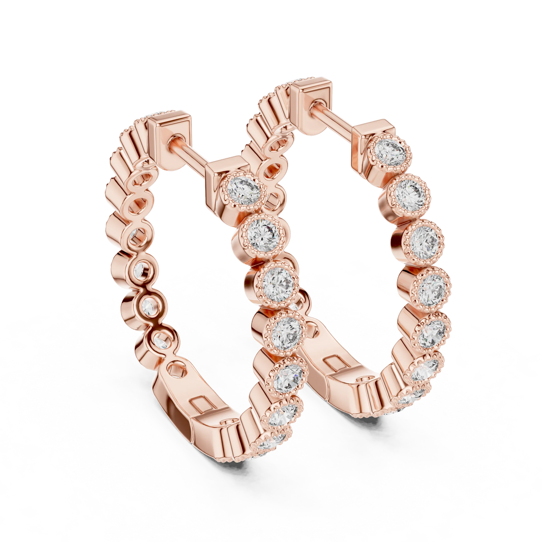 Moissanite milgrain bezel inside out hoop earrings in rose 925 sterling silver, view 3
