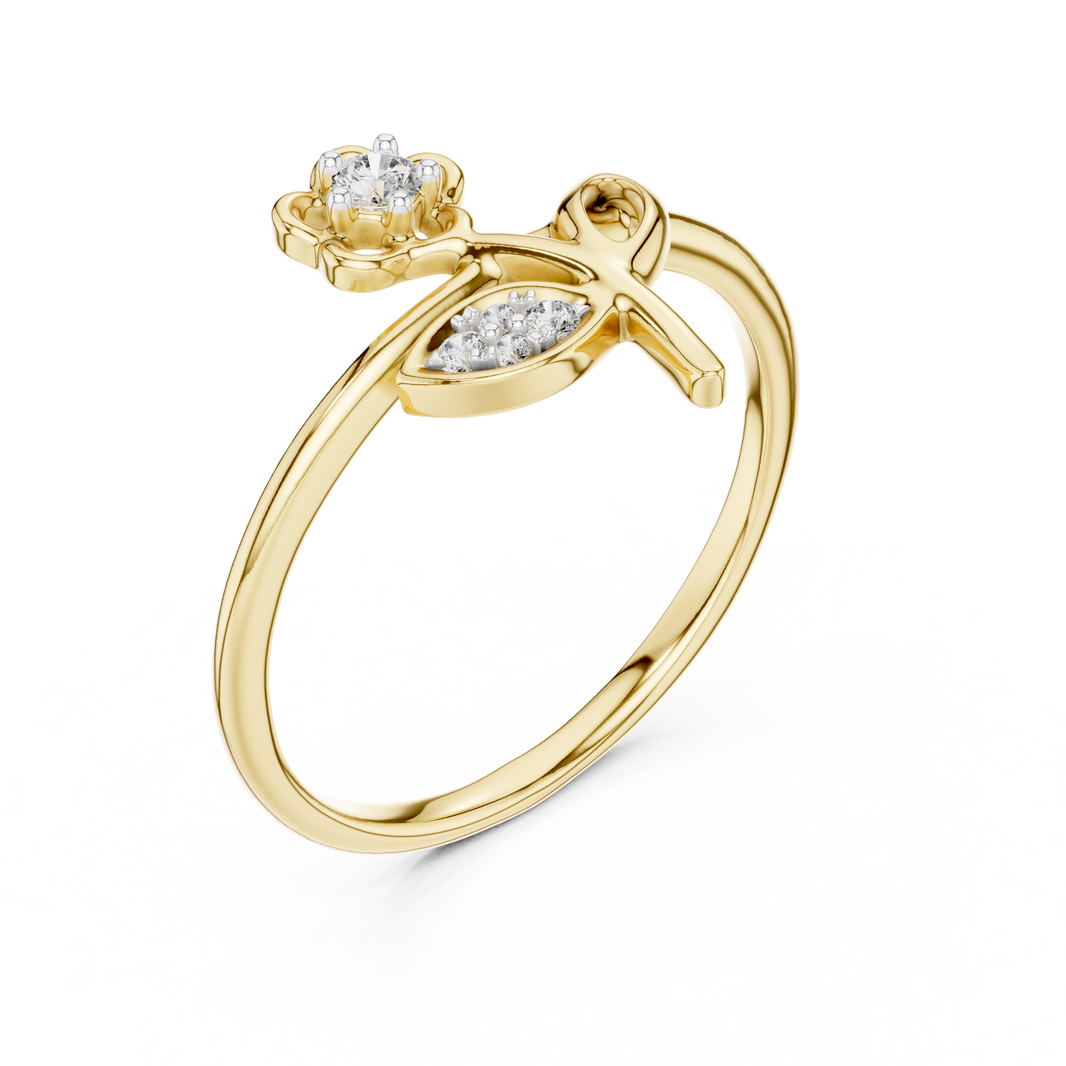 Flower on Stem Moissanite Ring in yellow 925 sterling silver, view 2