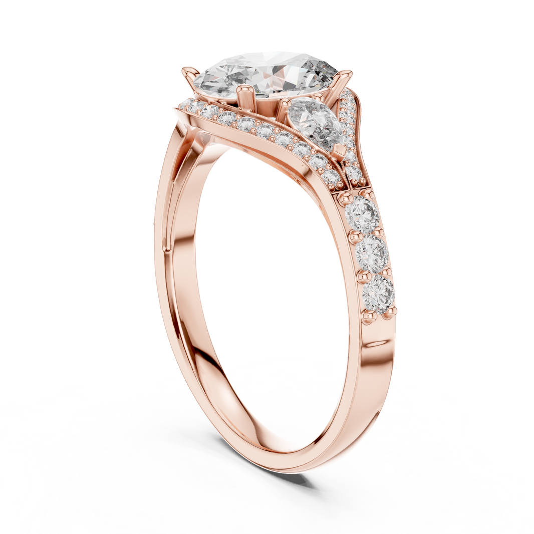 Oval and Pear Moissanite Halo Ring with Split Pavé Shoulders in rose 925 sterling silver, view 1