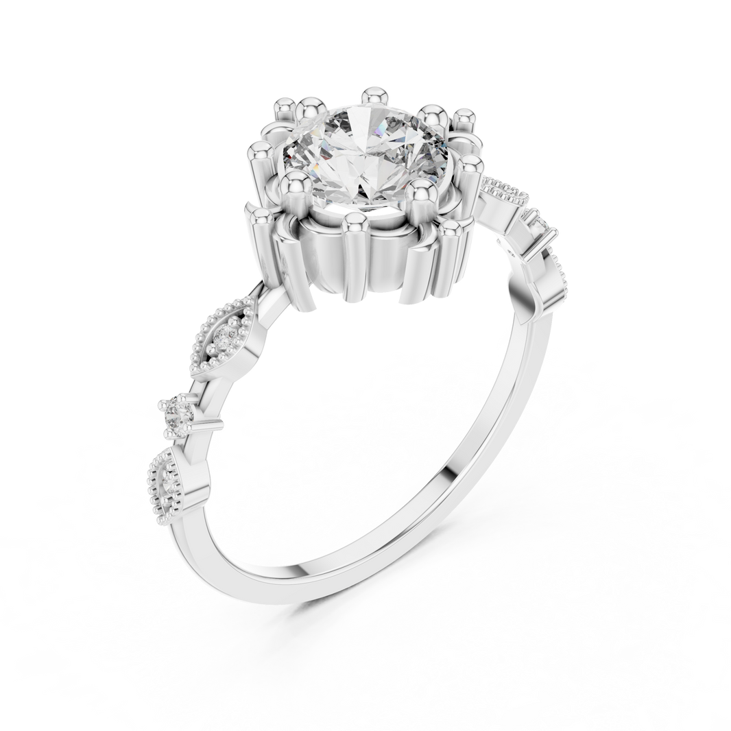Vintage Solitaire Moissanite Ring with Fleur-de-Lis Accents in white 925 sterling silver, view 2