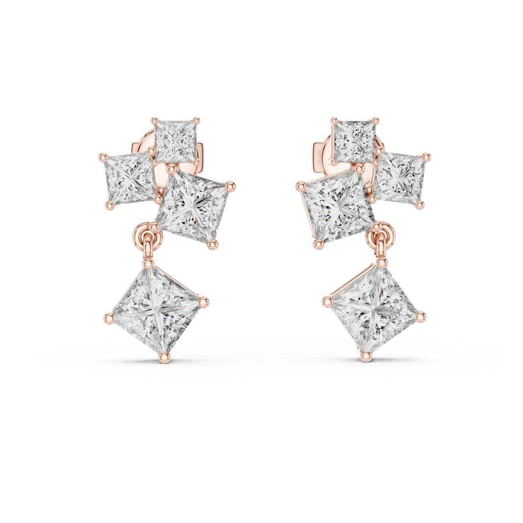 Princess cut moissanite cluster drop earrings in rose 925 sterling silver, view 4