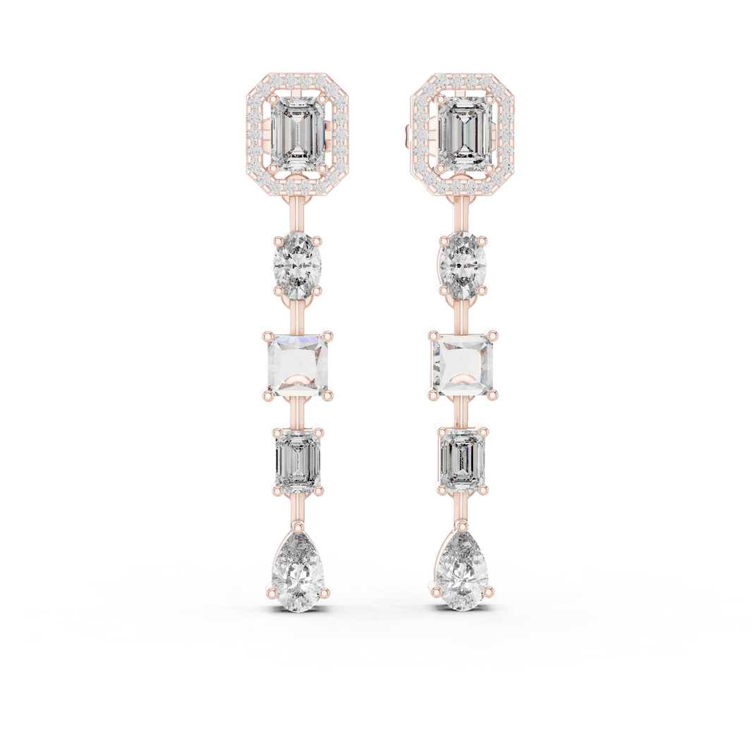 Emerald Halo Mixed Shape Moissanite Line Drop Earrings in rose 925 sterling silver, view 1