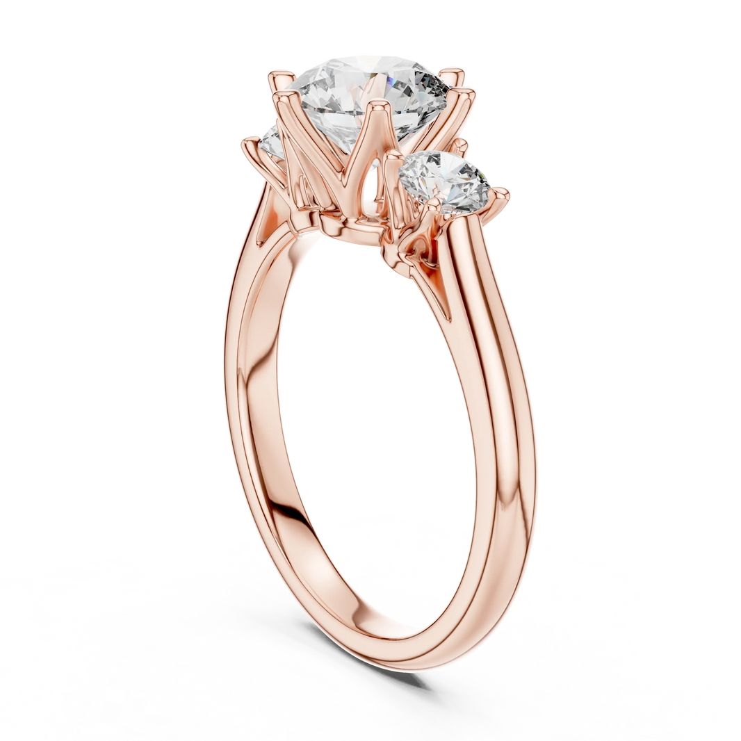Round Three Stone Moissanite Engagement Ring in rose 925 sterling silver, view 1