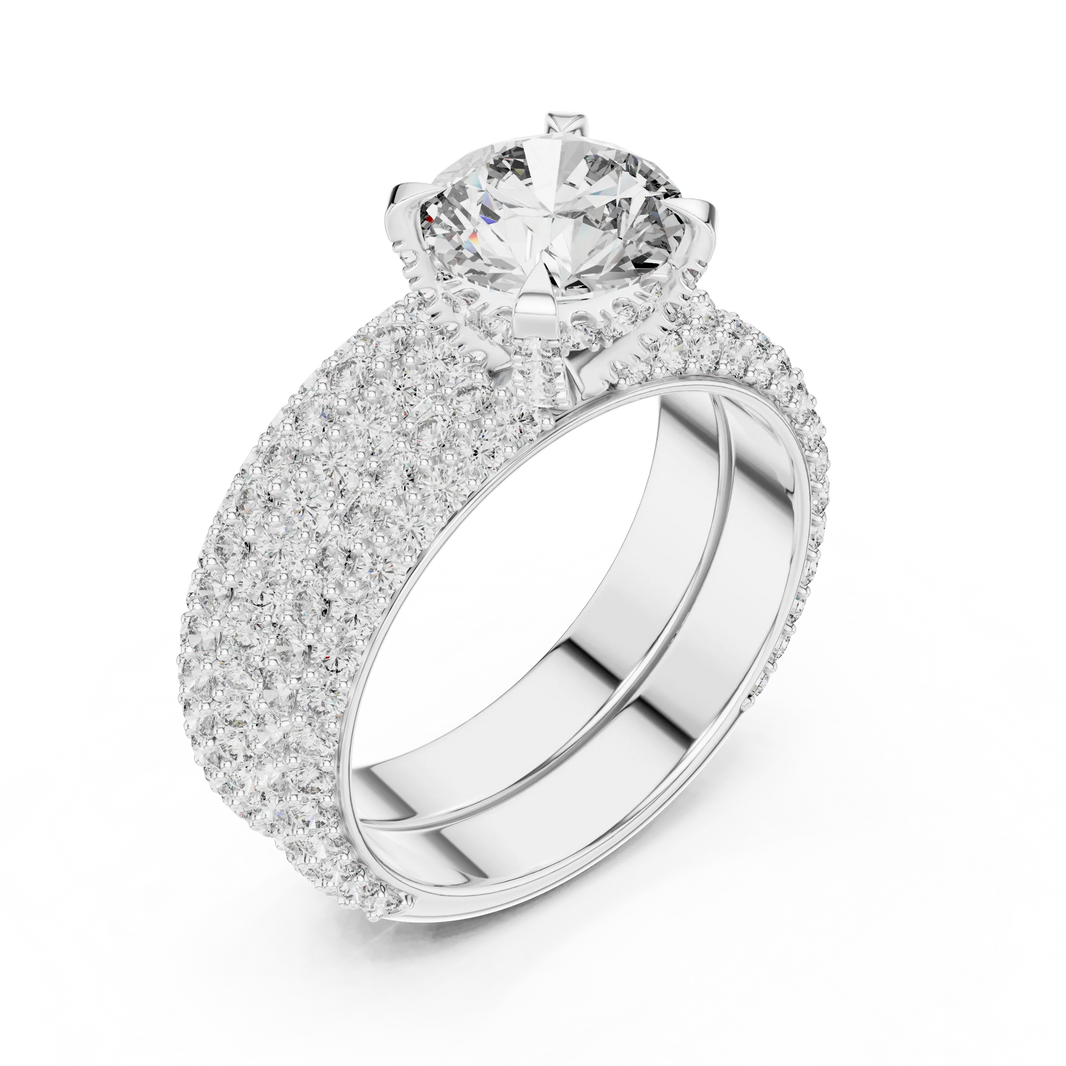 Round Solitaire Moissanite Ring with Wide Pavé Band in white 925 sterling silver, view 2