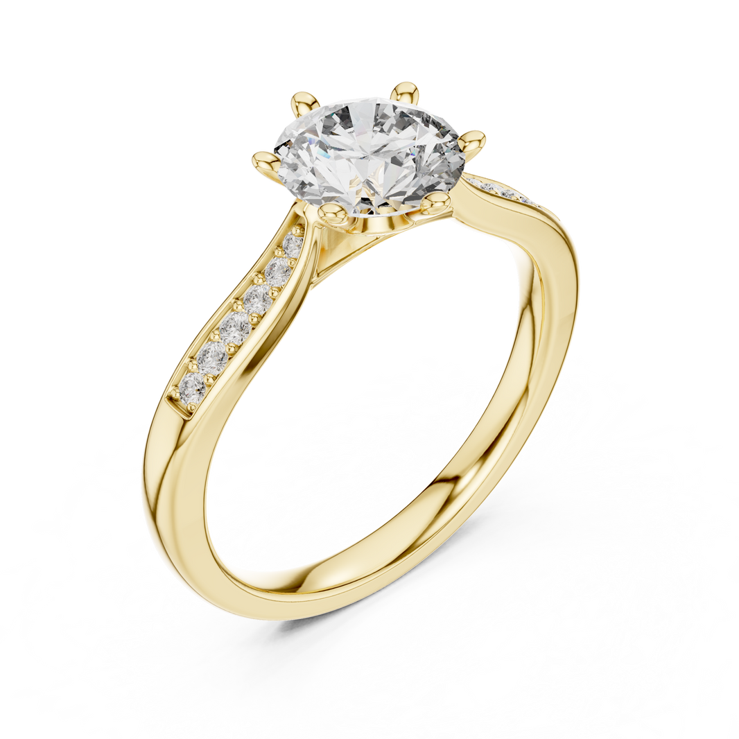 Round Six Prong Moissanite Ring with Pavé Shoulders in yellow 925 sterling silver, view 2