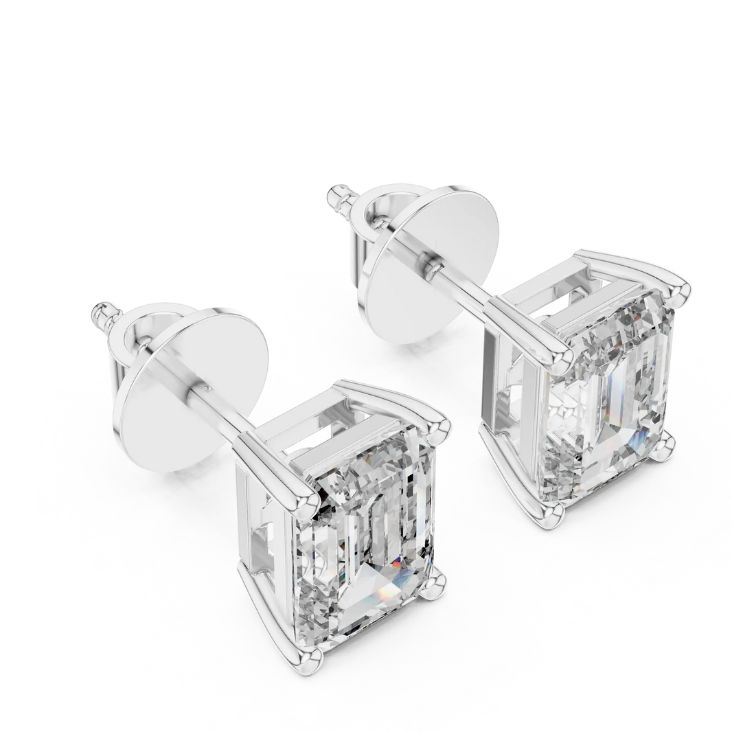 Emerald moissanite stud earrings in white 925 sterling silver, four-prong basket, view 2