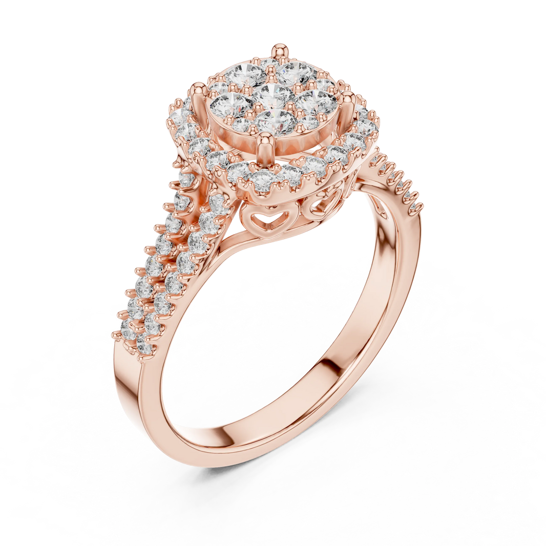 Round Cluster Halo Moissanite Ring with Split Pavé Shank in rose 925 sterling silver, view 2