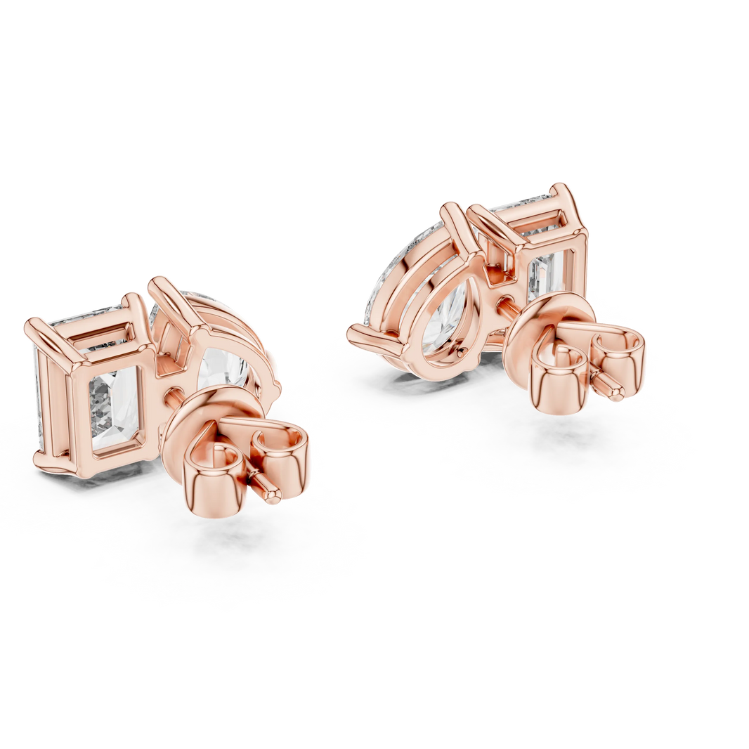 Pear and emerald moissanite toi et moi stud earrings in rose 925 sterling silver, view 3