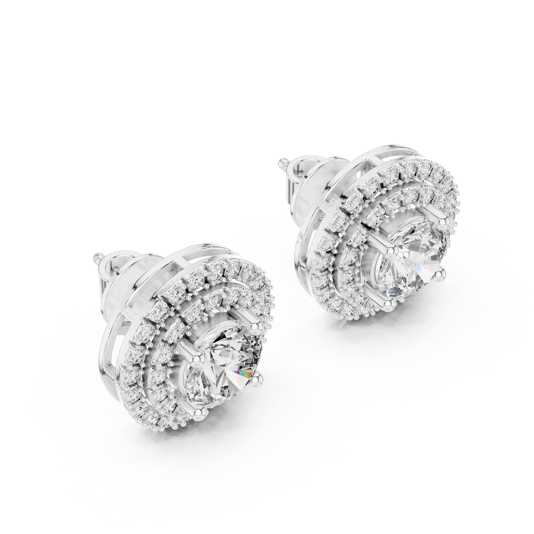 Round moissanite double halo stud earrings in white 925 sterling silver, view 2