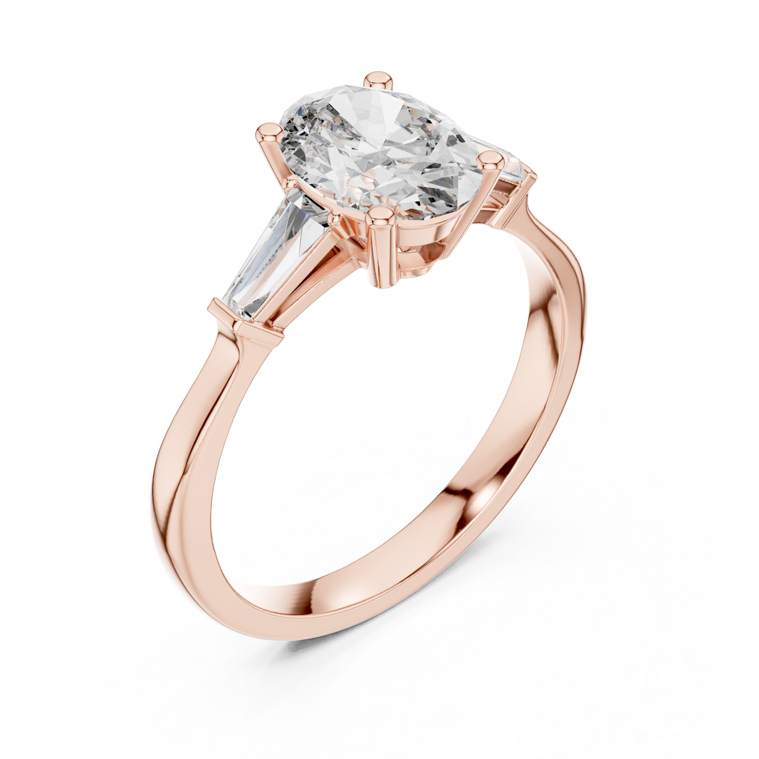 Oval Moissanite Ring with Tapered Baguette Sides in rose 925 sterling silver, view 2