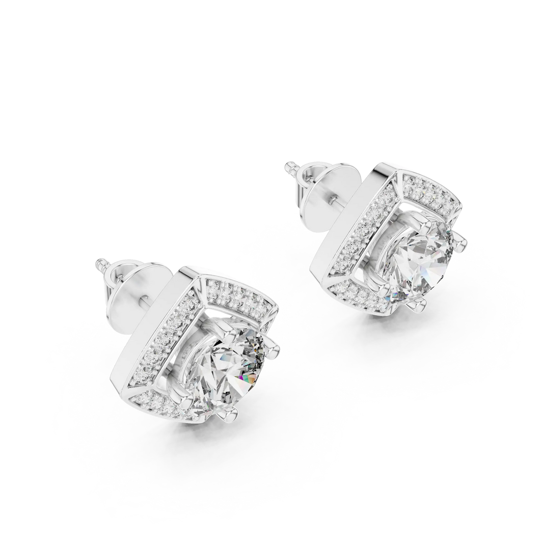 Round moissanite square halo stud earrings in white 925 sterling silver, view 2