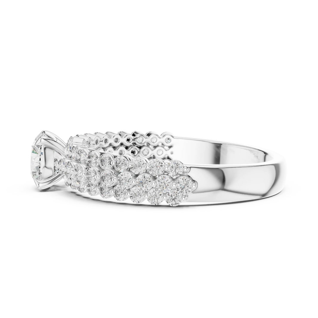 Round Solitaire Moissanite Ring with Double Row Pavé Band in white 925 sterling silver, view 3