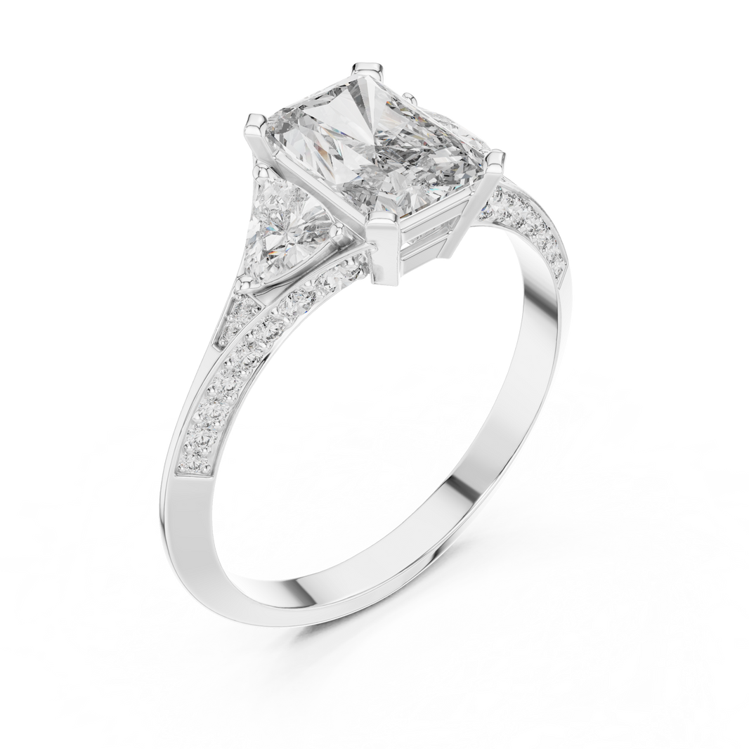 Radiant Cut and Curved Trillion Moissanite Ring with Pavé Split Shoulders in white 925 sterling silver, view 2