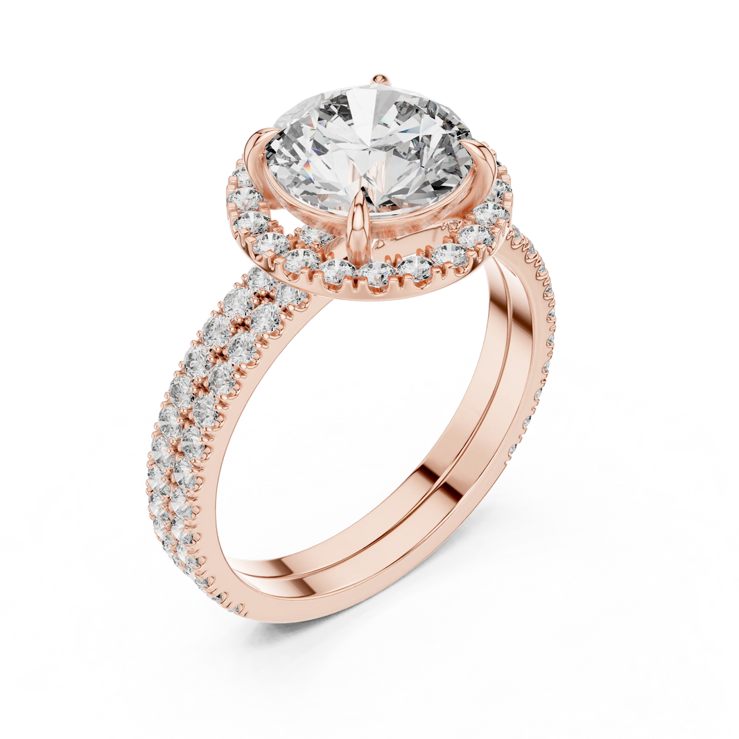 Round Halo Moissanite Engagement Ring with Pavé Band in rose 925 sterling silver, view 2
