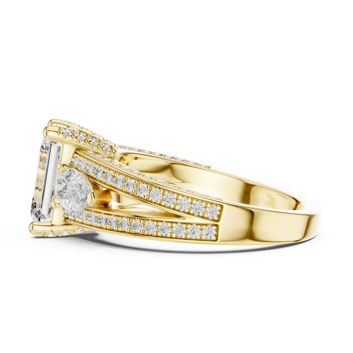 Emerald Cut Moissanite Ring with Pear Sides and Split Pavé Shank in yellow 925 sterling silver, view 3