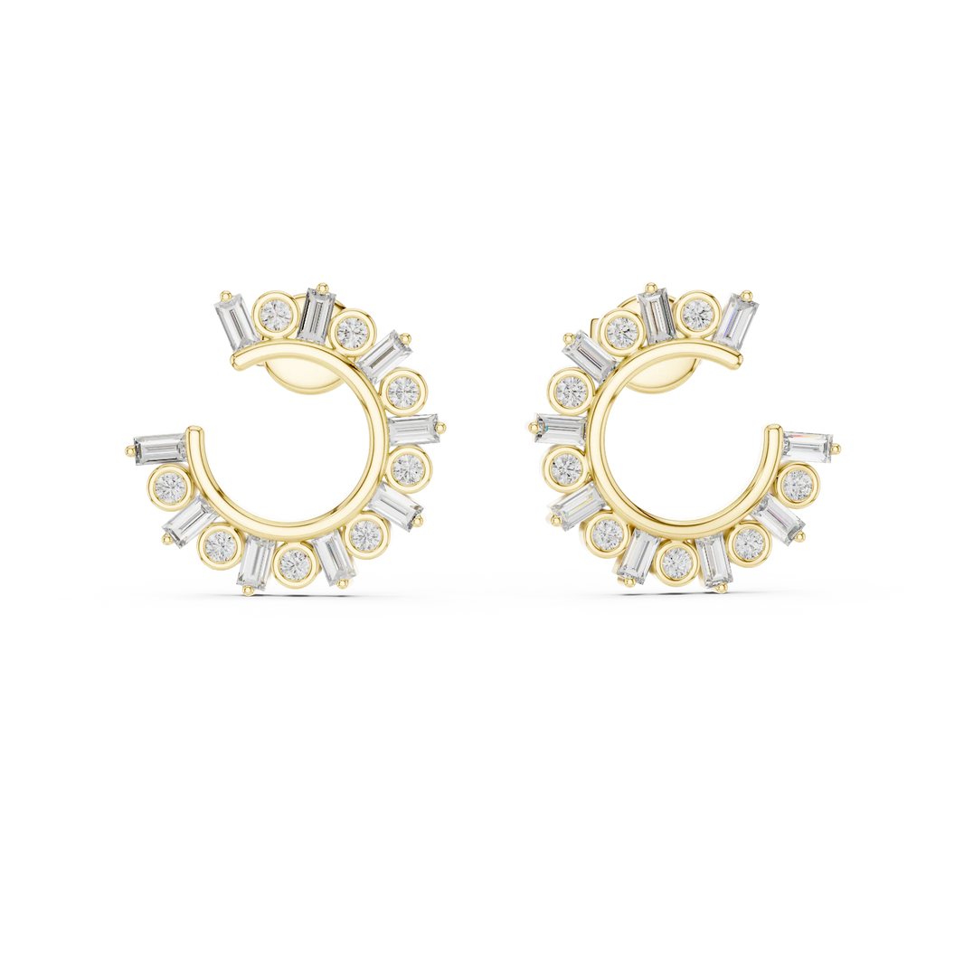 Baguette and round moissanite front hoop earrings in yellow 925 sterling silver, view 4