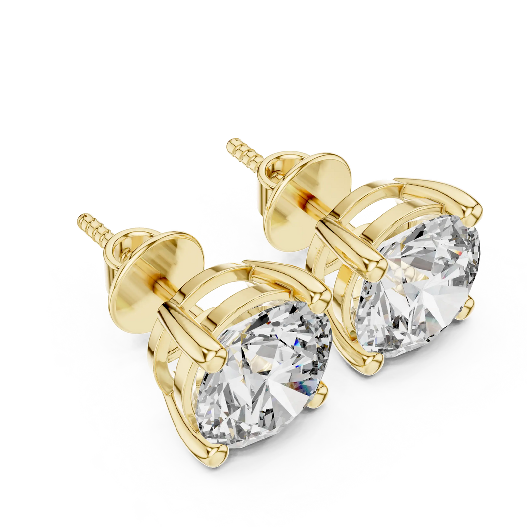 Round moissanite stud earrings in yellow 925 sterling silver, four-prong basket, angled view