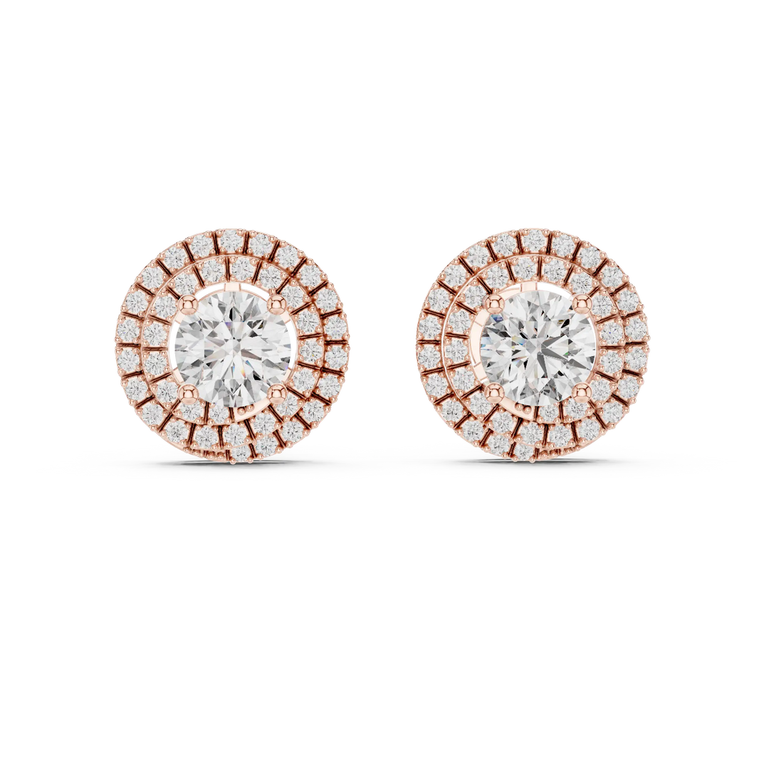 Round moissanite double halo stud earrings in rose 925 sterling silver, view 4
